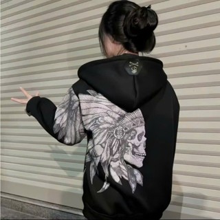 Áo Nỉ Hoodie Khóa Kéo Philip qp Thổ Dân In Sơn Cực Đẹp Hot Trend 2024.Áo qp Logo Đầu Lâu Sắt Nam Nữ