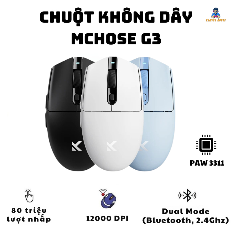 Chuột không dây Mchose G3 A - Hỗ trợ gaming, văn phòng - 3 mode kết nối - DPi 12000 - Chip 3311