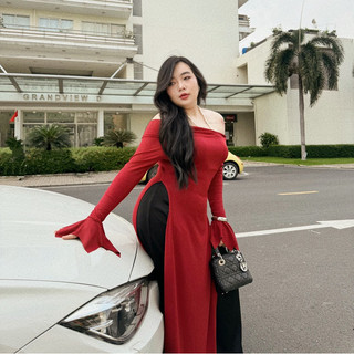  LASSIE BIGSIZE| Áo dài hiện đại trễ vai chất thun gân phá cách  60-90kg  