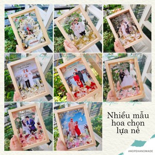 Set hộp quà khung ảnh hoa khô làm quà tặng đám cưới cô dâu chú rể để bàn, treo tường