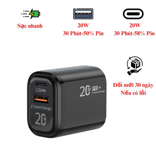 Củ sạc nhanh 2 cổng Type C và USB sạc nhanh cho tất cả điện thoại Iphone, Samsung, Huawei, Vivo, Oppo, Xiaomi MTR026