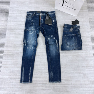 ⚜️[HÀNG CAO CẤP] - Quần Bò DSQ 2 Xanh Vảy Sơn Rách Nhẹ Đính Tag Bạc Số 2, Dáng Biker- Quần Bò Nam Loại 1 Dluxury