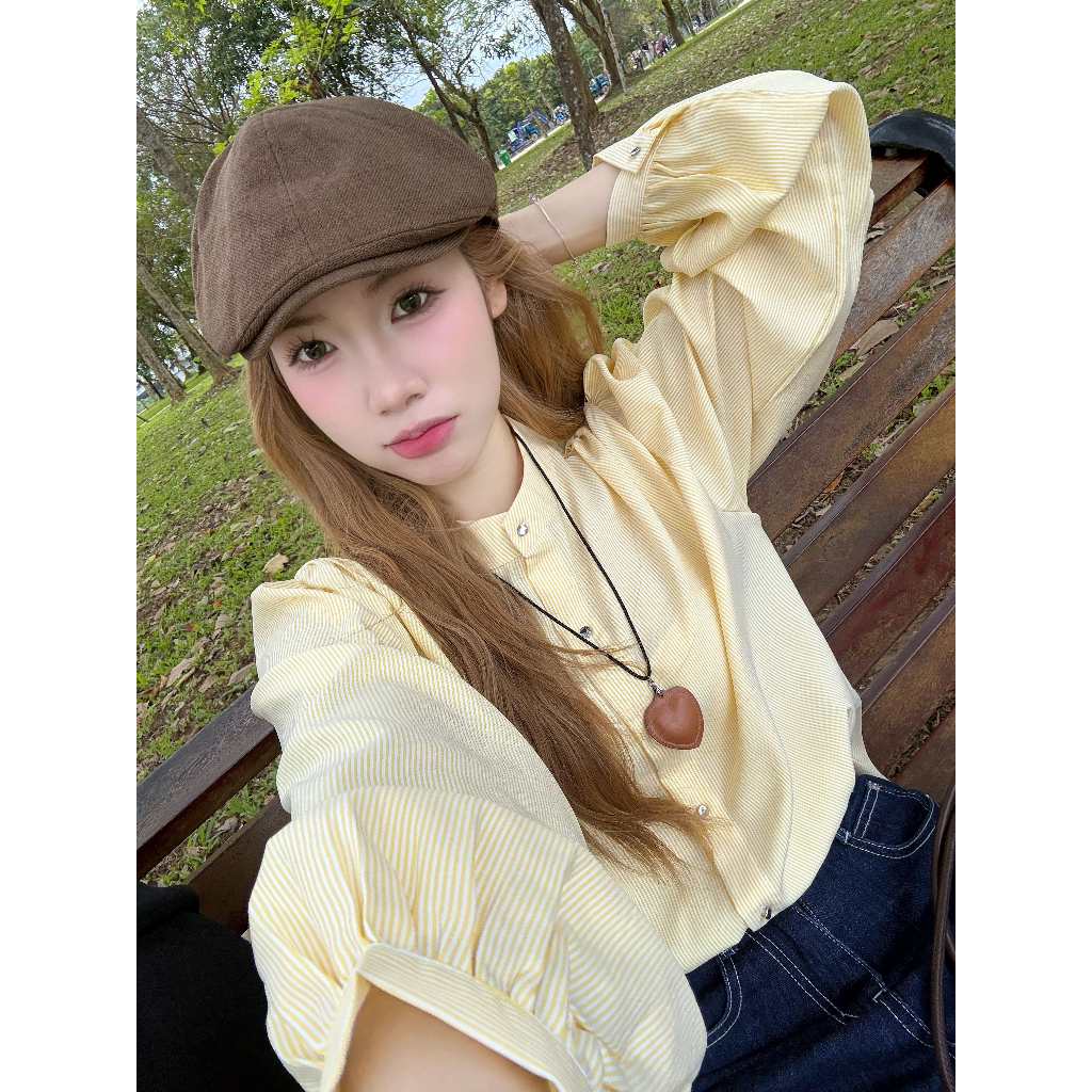 Áo sơ mi kiểu kẻ sọc tay dài cổ tròn | Nami Shirt - B.Y Tea