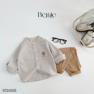 Bộ sơ mi dài tay hoạ tiết kẻ cổ tàu cho bé trai, set sơ mi kẻ túi thêu phối quần kaki
