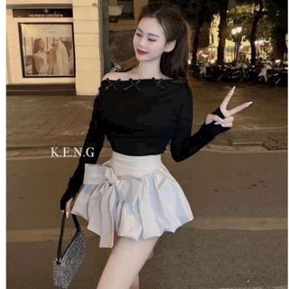  Chân váy bí ngô xòe phồng đính nơ tiểu thư chất liệu kaki Hàn cao cấp Linastore 068 