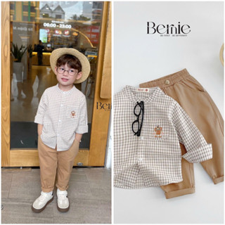 Set sơ mi dài tay cổ tàu kẻ caro, quần kaki linen cho bé Bernie FASHION
