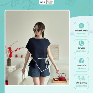  Áo Xanh Đen ODS thiết kế cổ can lệch thân trước 2 lớp vạt xéo luồn dây nơ kem tay 1 bên sát nách 1 bên phủ vai - ET1 