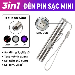 [THẺ TEST UV] Đèn Pin Mini Siêu Sáng 3 Chế Độ Sáng Pin Sạc USB ( Đèn UV Led Laser Soi Tiền Giấy Tờ Huỳnh Quang )