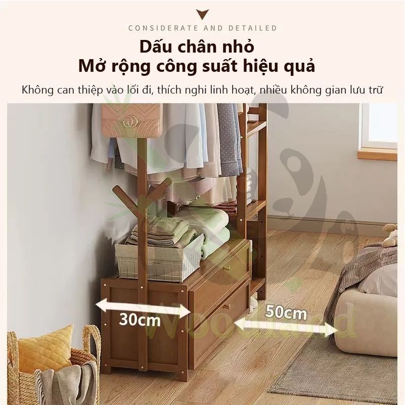 LACCOHUG Giá treo quần áo Móc treo đồ bằng tre đơn giản tích hợp ngăn kéo đa năng tiết kiệm | BigBuy360 - bigbuy360.vn