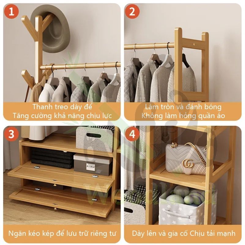 LACCOHUG Giá treo quần áo Móc treo đồ bằng tre đơn giản tích hợp ngăn kéo đa năng tiết kiệm | BigBuy360 - bigbuy360.vn