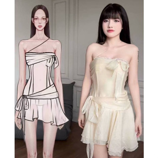 Đầm Cúp Ngực Gọng Corset Thắt Dây Nơ Viền Ren Ngực Phong Cách Hàn Quốc KC1572