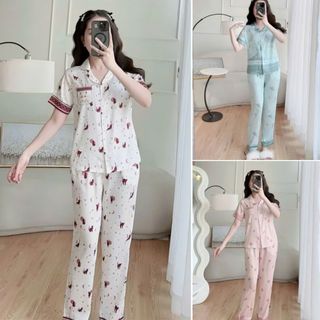  Bộ Pijama Tay Cộc Quần Dài Hoạ Tiết Bông Chất Lụa Latin Cao Cấp Thương Hiệu Anna P11 