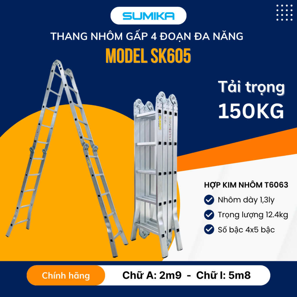 Thang nhôm gấp 4 đoạn SUMIKA SK605, chữ A cao 2.9m, chữ I cao 5.8m, 14 tư thế sử dụng