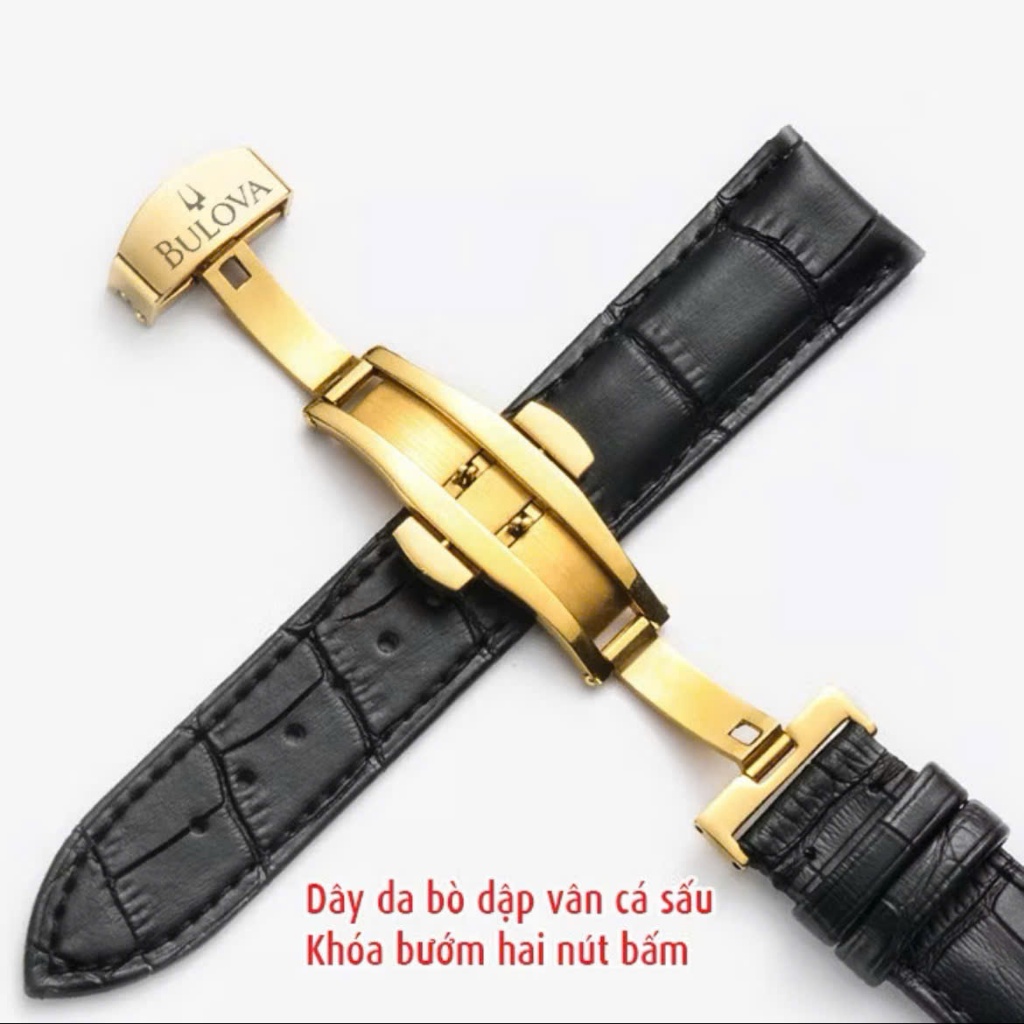 [ BULOVA ] Dây đeo cho đồng hồ Bulova, da bò dập vân cá sấu, khoá 2 nút bấm khắc logo Tặng Kèm Dụng 