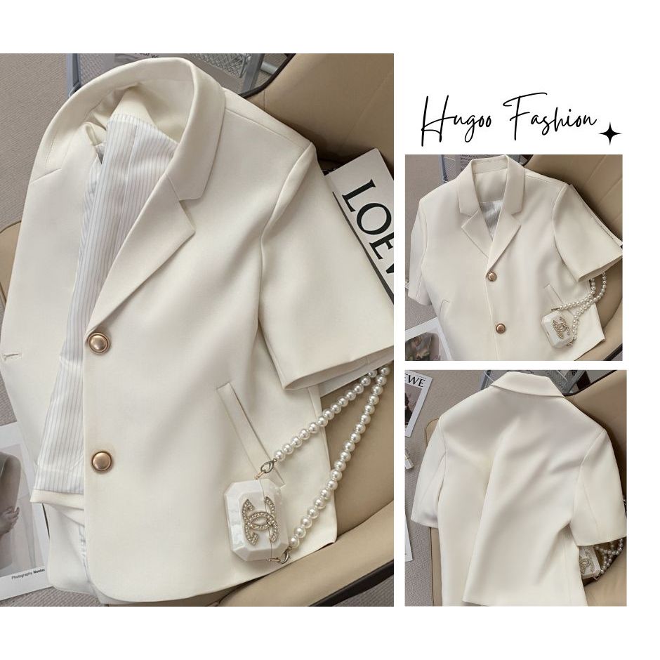 [ảnh thật]Áo blazer lửng ngắn tay cúc tròn màu be, áo vest nữ, áo blazer công sở, áo blazer lửng ngắ