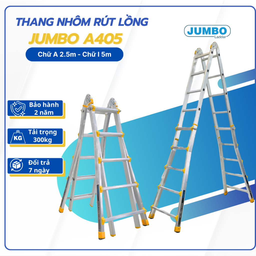 Thang nhôm rút lồng JUMBO A405, chữ A cao nhất 2.5m, chữ I cao nhất 5.0m, tải trọng 300kg