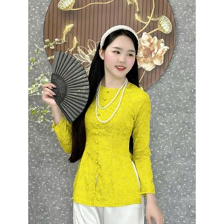 Hân Nguyễn Áo Bà Ba - B.A130 - Áo Bà Ba Gấm Tơ Thêu Hoa Sen Nút Bọc Cổ Tròn Dây Kéo