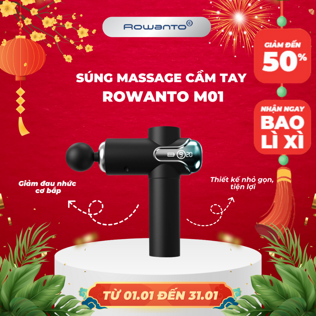 Máy massage cầm tay chính hãng Rowanto M01, 4 đầu massage chuyên dụng, tốc độ rung 3500 lần/Phút
