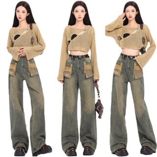 Quần Jean Kiểu Ống Suông Đứng Rộng Baggy Nữ MIAA lưng cao thêu chữ KAKA  , Quần bò ống rộng suông nữ phong cách RETRO