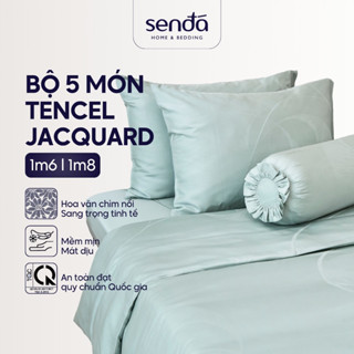 Bộ chăn ga gối 5 món Lụa Tencel Jacquard vân gấm Sen Đá Home Bedding cao cấp, Set drap giường nệm 1m6 1m8