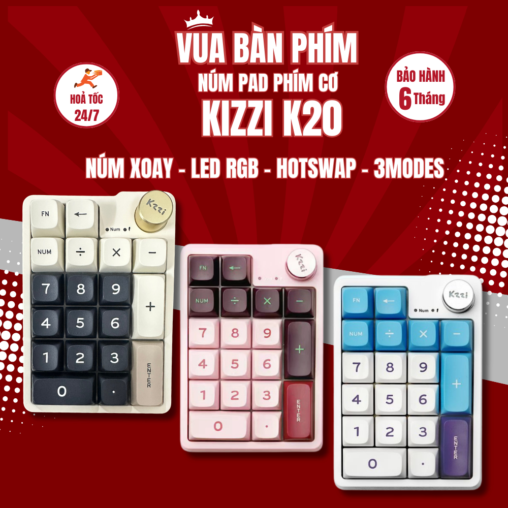 [Hàng Sẵn] Bàn phím số cơ | numpad không dây Kzzi k20 không dây, mạch xuôi, hotswap, núm xoay, led r