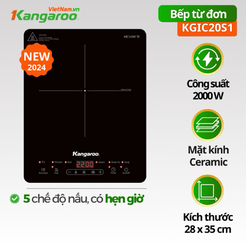 Bếp điện từ đơn Kangaroo KGIC20S1, KG20IC3 2000W, 5 chế độ nấu