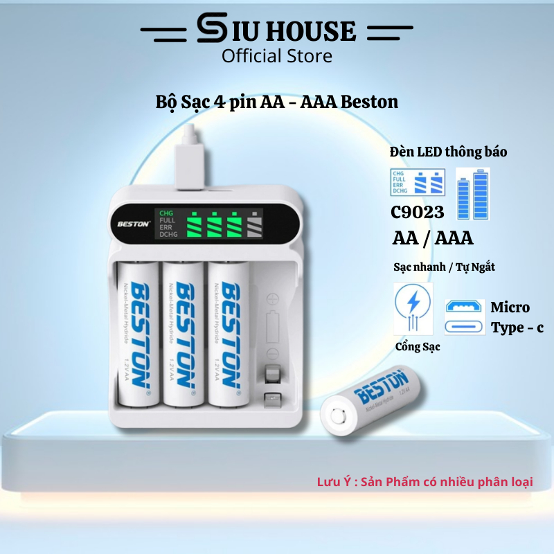 Bộ Sạc 4 Pin Beston AA AAA C9023, Mẫu Mới 2023 Sạc Nhanh,Tự Ngắt Khi Đầy, Đèn Báo Thông Minh, Dùng C