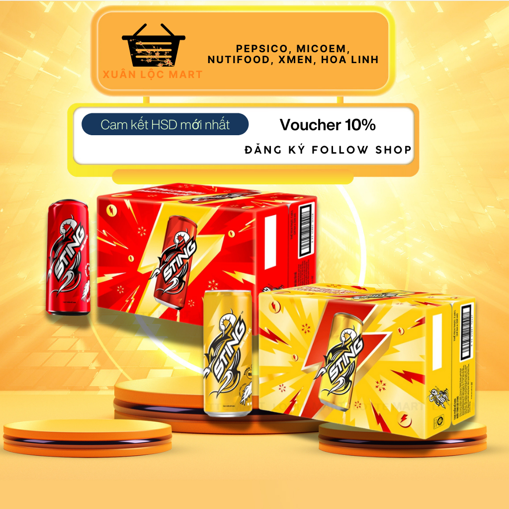 Thùng Nước Tăng Lực Sting Dâu, Sting Vàng 320ml Thùng 24 Lon, 28 Lon/ 235ml Thùng 24 Lon