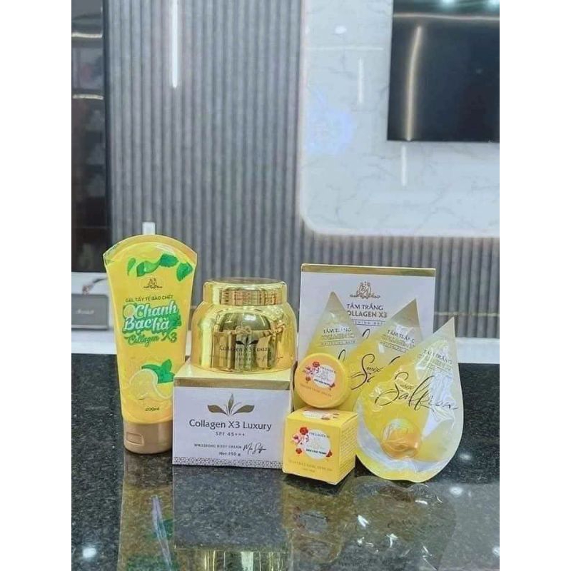 COMBO 4 SẢN PHẨM DƯỠNG BODY(𝐁𝐎𝐃𝐘 𝐂𝐎𝐋𝐋𝐀𝐆𝐄𝐍 𝐋𝐔𝐗𝐔𝐑𝐘 + 𝐓𝐀̆́𝐌 𝐓𝐑𝐀̆́𝐍𝐆 𝐒𝐀𝐅𝐅𝐑𝐎𝐍 +  𝐓𝐀̂̉𝐘 𝐓𝐄̂́ 𝐁𝐀̀𝐎 𝐁𝐀̣𝐂 𝐇𝐀̀ + 𝐊𝐈́𝐂𝐇 𝐓𝐑𝐀̆́𝐍𝐆 𝐗𝟑)