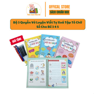 Sách - Bộ 3 Quyển Vở Luyện Viết Tự Xoá Tập Tô Chữ Số Cho Bé 3 4 5 Tuổi Mẫu Giáo Tặng 8 ruột+2 vỏ bút + 2 định vị cầm tay