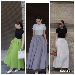  Sét kiểu Nữ áo thun cotton  cổ tròn kèm chân váy kaki thô xoè dài có túi. Sét kiểu đẹp. 