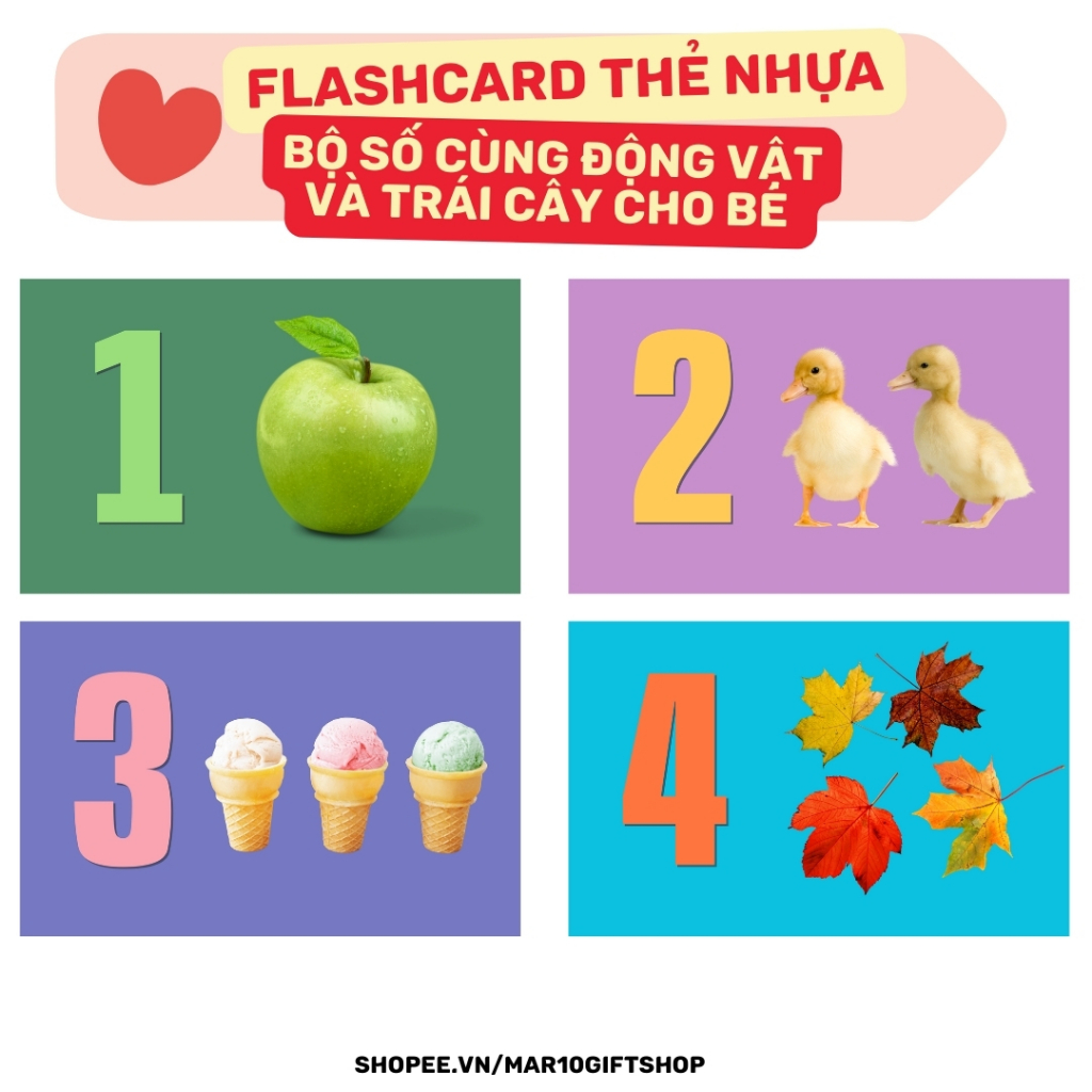 Bộ Flashcard đếm số cho bé từ 1- 20 - cùng động vật - tặng 3 poster A4- flashcard cho bé