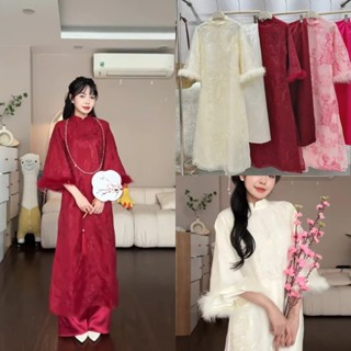  Áo dài cách tân nữ dáng suông họa tiết kỳ lân tay đính lông vũ siêu xinh cho nàng chụp ảnh sự kiện lễ tết cưới hỏi 