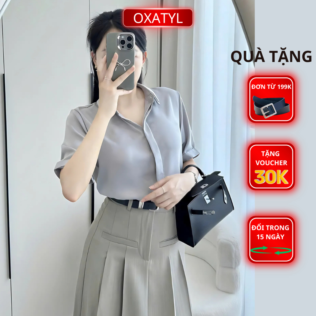 Áo sơ mi nữ tay cộc OXATYL A55 chất vải lụa mềm mặc mùa hè phong cách công sở sang trọng | BigBuy360 - bigbuy360.vn