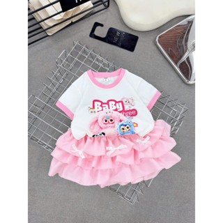 [Poba.107] set baby three cho bé gái. Áo cotton phối chân báy ren 3 tầng. Hình in đẹp