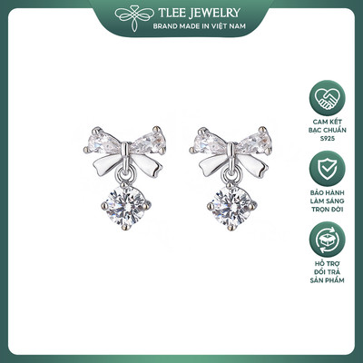 Bông tai bạc nữ TLEE  nơ thắt cánh  đính đá giọt nước tua đá tròn TLEEJEWELRY