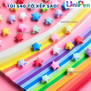 Giấy Gấp Sao 540 Tờ Dài 23cm , Giấy gấp sao 210 tờ dạ quang phát sáng Unipen, giấy Handmade điều ước hoạ tiết pastel