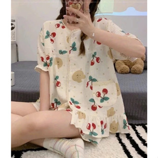 Bộ ngủ cộc đồ ngủ nữ bộ bầu set ngủ cộc họa tiết cherry dễ thương cute đũi xốp pijama mềm mại bigsize hè thu 028