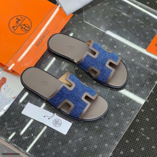 Dép Quai Ngang HM Izmir Da Thật Đế Gỗ Bản Denim Hàng Cao Cấp