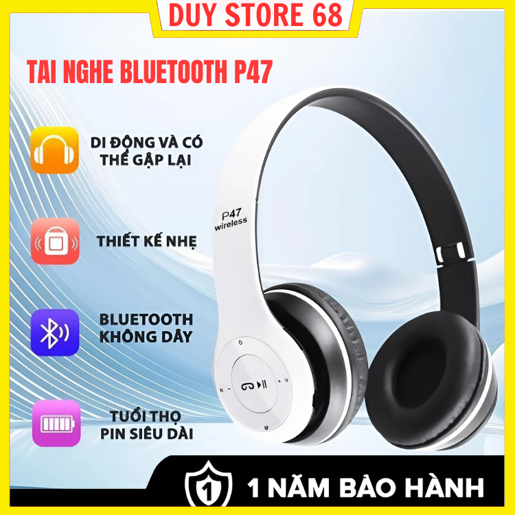 Tai Nghe Chụp Tai Bluetooth P47, Tai Không Dây Có Mic, Có Thẻ Nhớ, Âm Bass Cực Chất, Nghe Nhạc Cực Hay Bảo Hành 12 Tháng