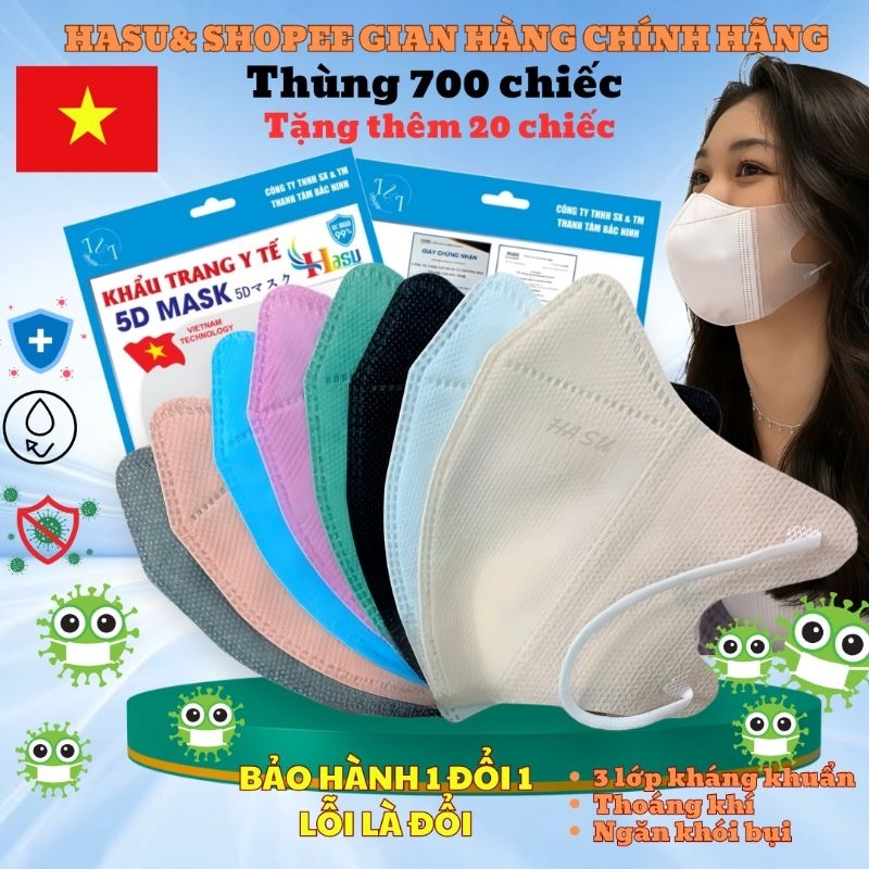 [ Thùng 700 Chiếc ] Khẩu Trang 5D HASU 3 Lớp Kháng Khuẩn Chống Tia UV,Kháng Nước,Hàng Chính Hãng