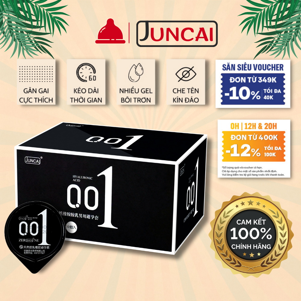 (Tặng quà) Bao cao su Juncai 0.01 Gân gai li ti, bcs siêu mỏng Passion Granule nhiều gel bôi trơn cao cấp, Hộp 10 BCS