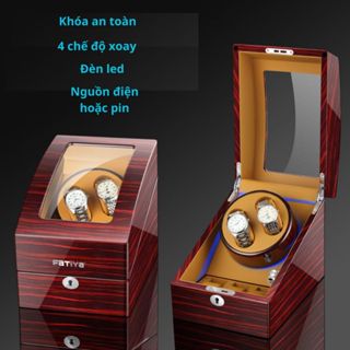 Hộp lắc trữ cót cho 2 đồng hồ cơ bằng gỗ Cao cấp - Có chế độ - Đèn Led- Nguồn điện hoặc Pin