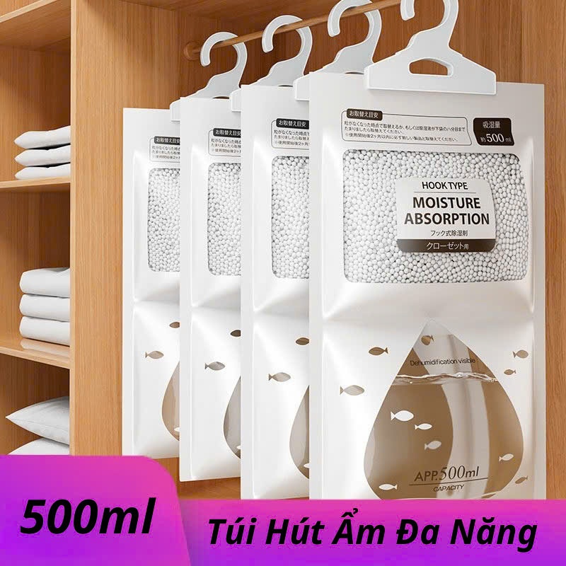 Túi Hút Ẩm Khử Mùi Siêu Thấm Hút Thể Tích 500ml, Hút Ẩm Chống Mốc, Nồm Có Móc Treo Tiện Lợi