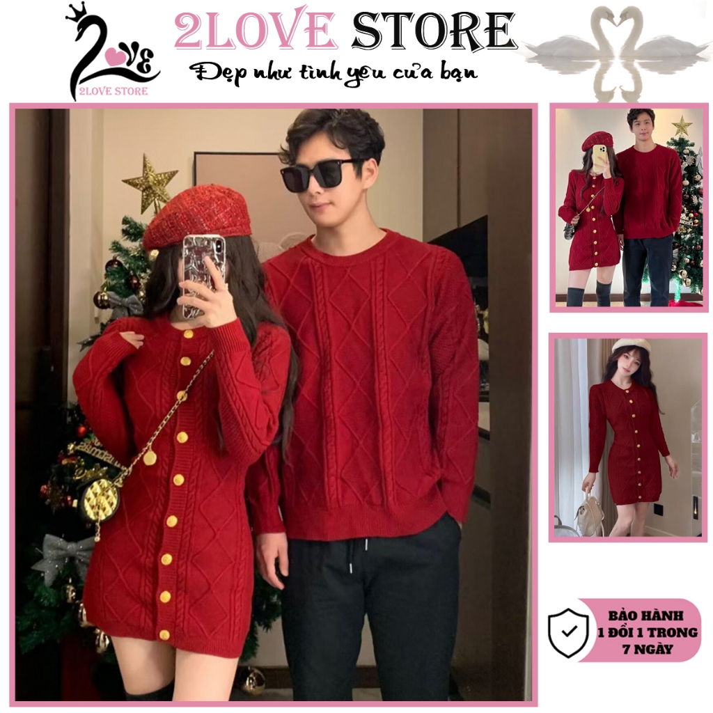 Set đồ đôi nam nữ bộ đồ đôi tết couple 2Love váy nữ và áo len nam dệt kim màu đỏ Tết 13