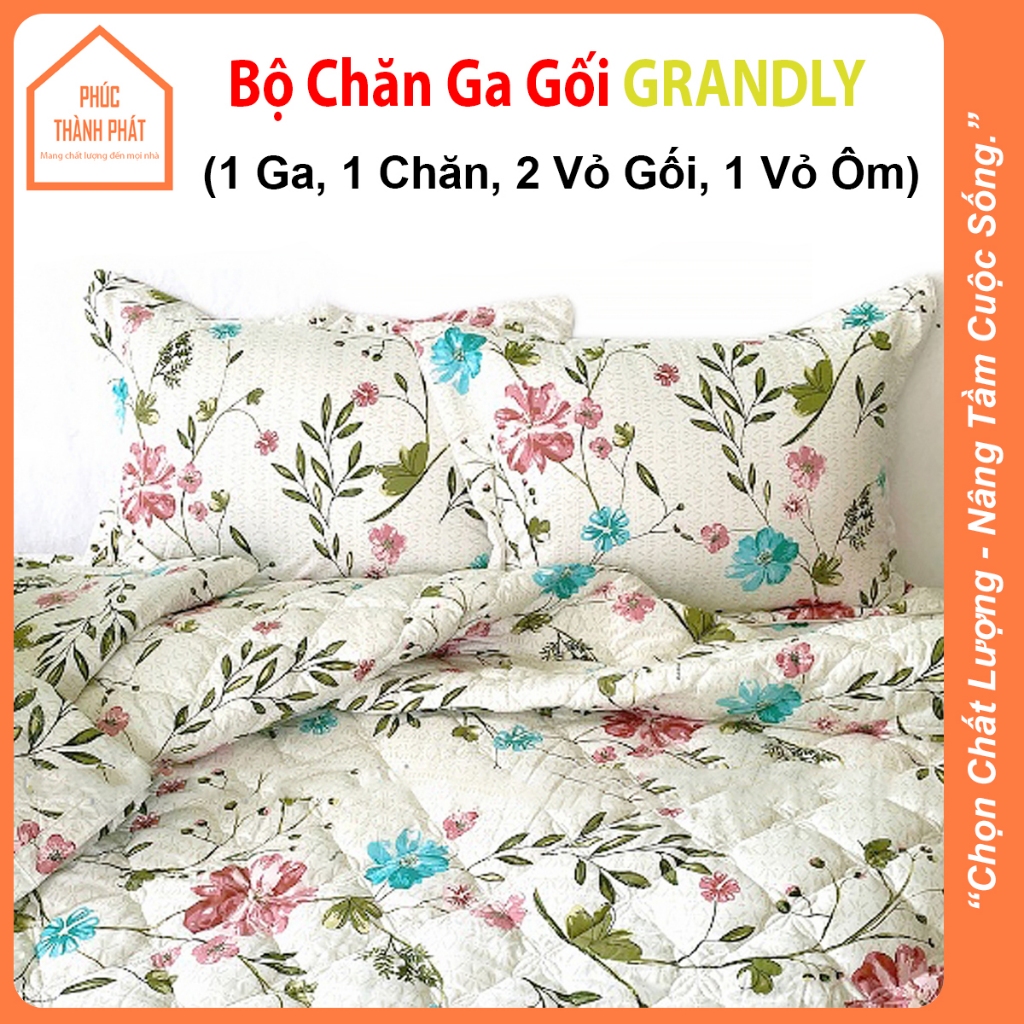 Bộ Chăn Ga Gối 4 Món Cao Cấp GRANDLY Chính Hãng Vải Bông Họa Tiết Sắc Nét Siêu Mền Mịn Thoáng Mát