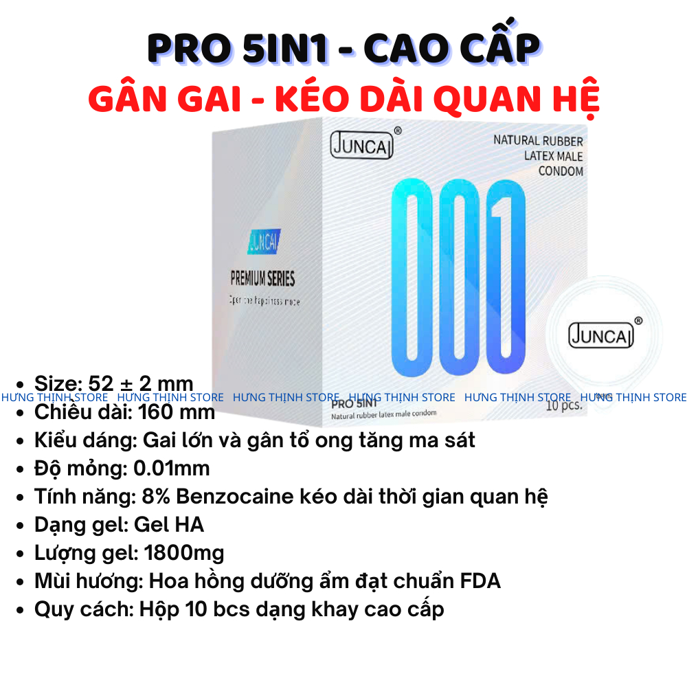 Bao cao su gai JUNCAI Pro 5in1, có gai lớn và gân tổ ong, siêu mỏng 001, bcs kéo dài quan hệ