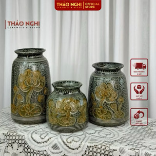 Bộ 3 bình gốm khắc tay họa tiết hoa sen, men xanh mộc cổ kính 3 kích thước