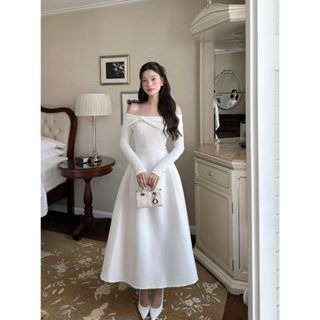  Váy Đầm Nữ Trắng Trễ Vai Dự Tiệc ELYSNIE Thiết Kế Tiểu Thư Thanh Lịch Jeran Dress 