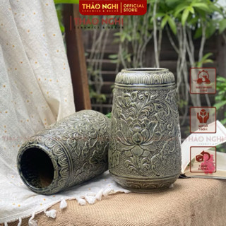 Bình gốm sứ Bát Tràng - Bình hoa decor - Lọ hoa men vân nổi họa tiết bông sen, màu men mộc cổ kính phù hợp cắm hoa sen